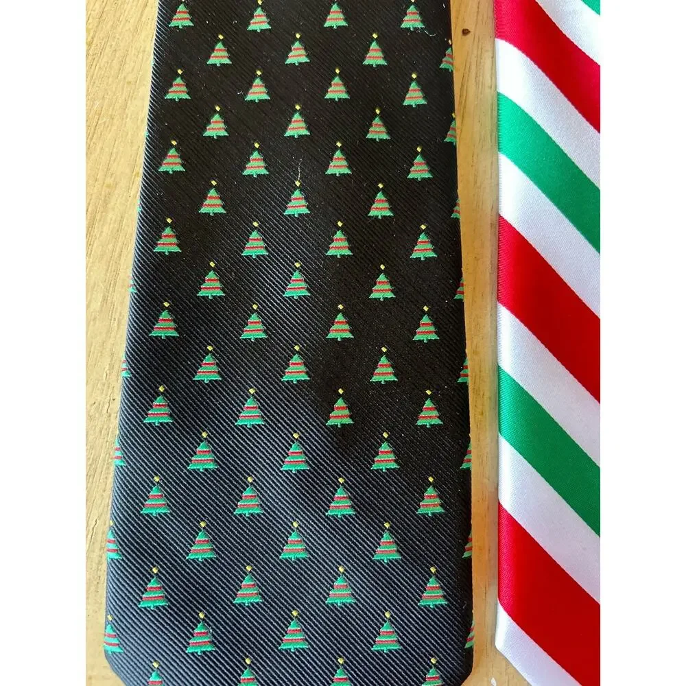 VTG Holiday Traditions Ties Christmas Red Black Silk Stripes Tree Necktie Lot 2